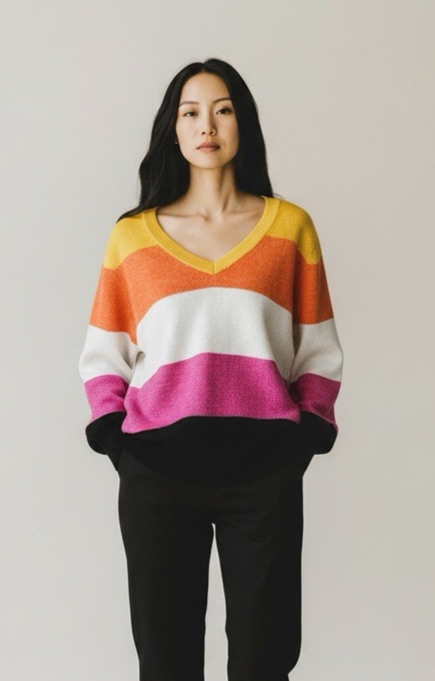 Lane Bryant Classic V-Neck Tunic Striped Orange Yellow Pullover Sweater 14/16 - Picture 1 of 5